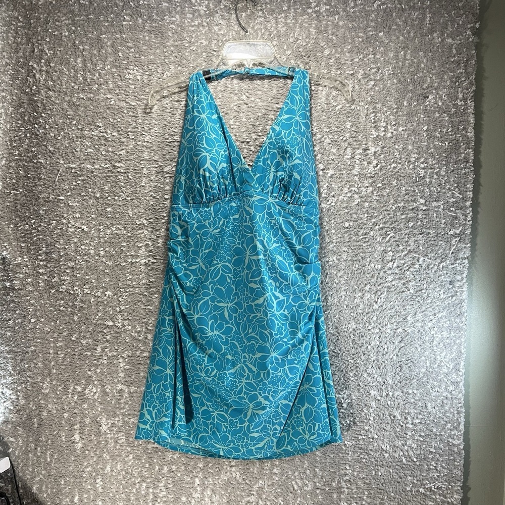 L.L. Bean Blue Floral One Piece Swim Dress 16 Long UPF 40+ Beach Vacation Modest